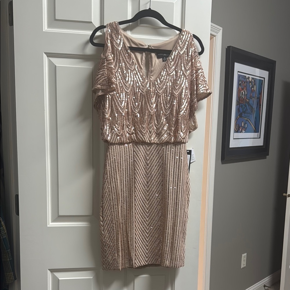 Betsy & Adam Gold Sequin Cold Shoulder Sheath Dress